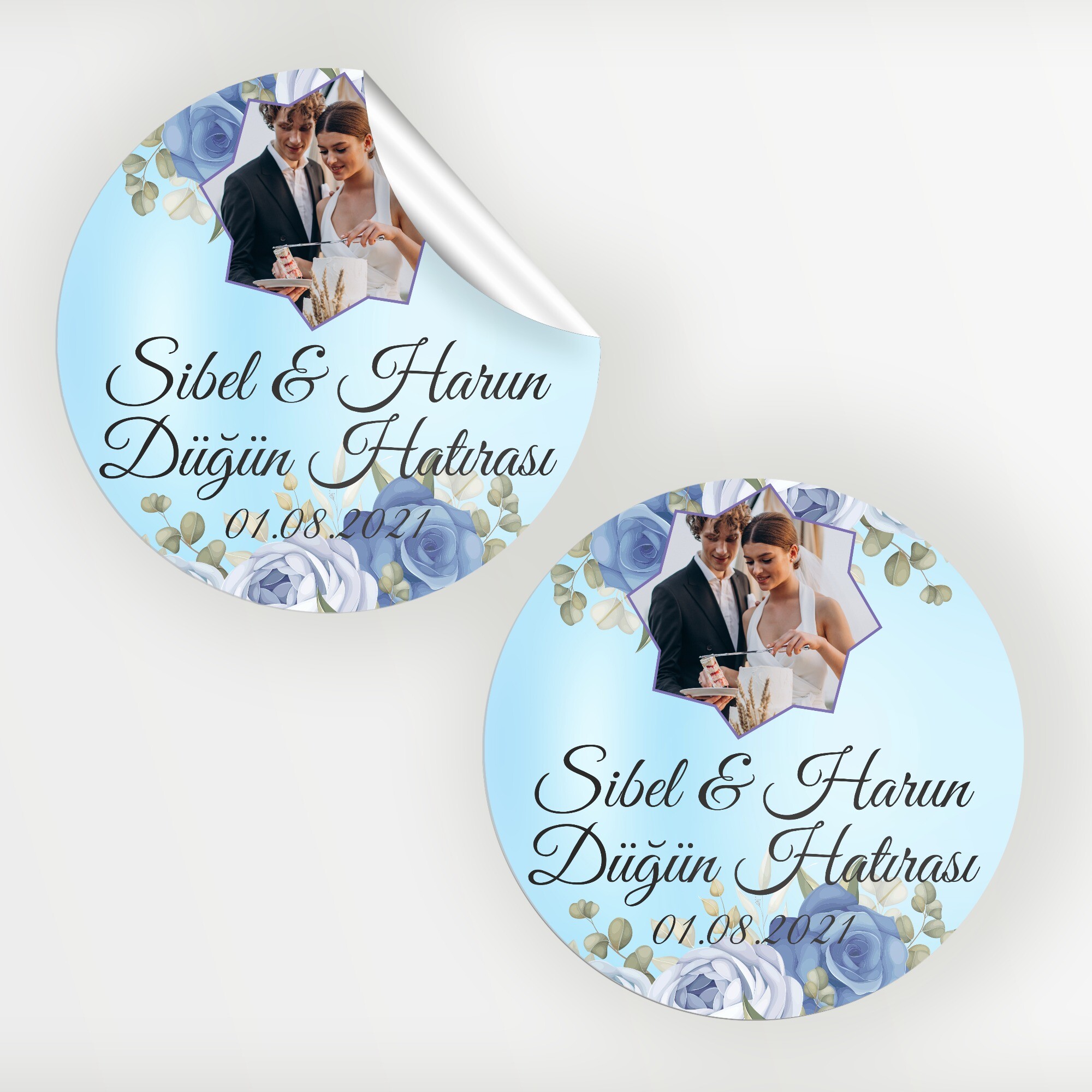 Beyaz Mavi Gül Daire Kına Düğün Sticker