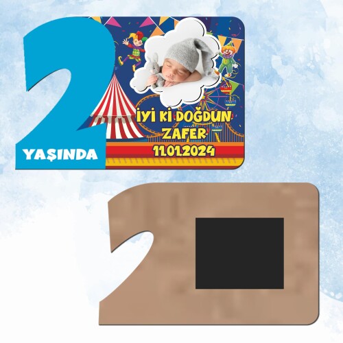 Palyaço Temalı 2 Yaş Mavi Rakam Ahşap Magnet