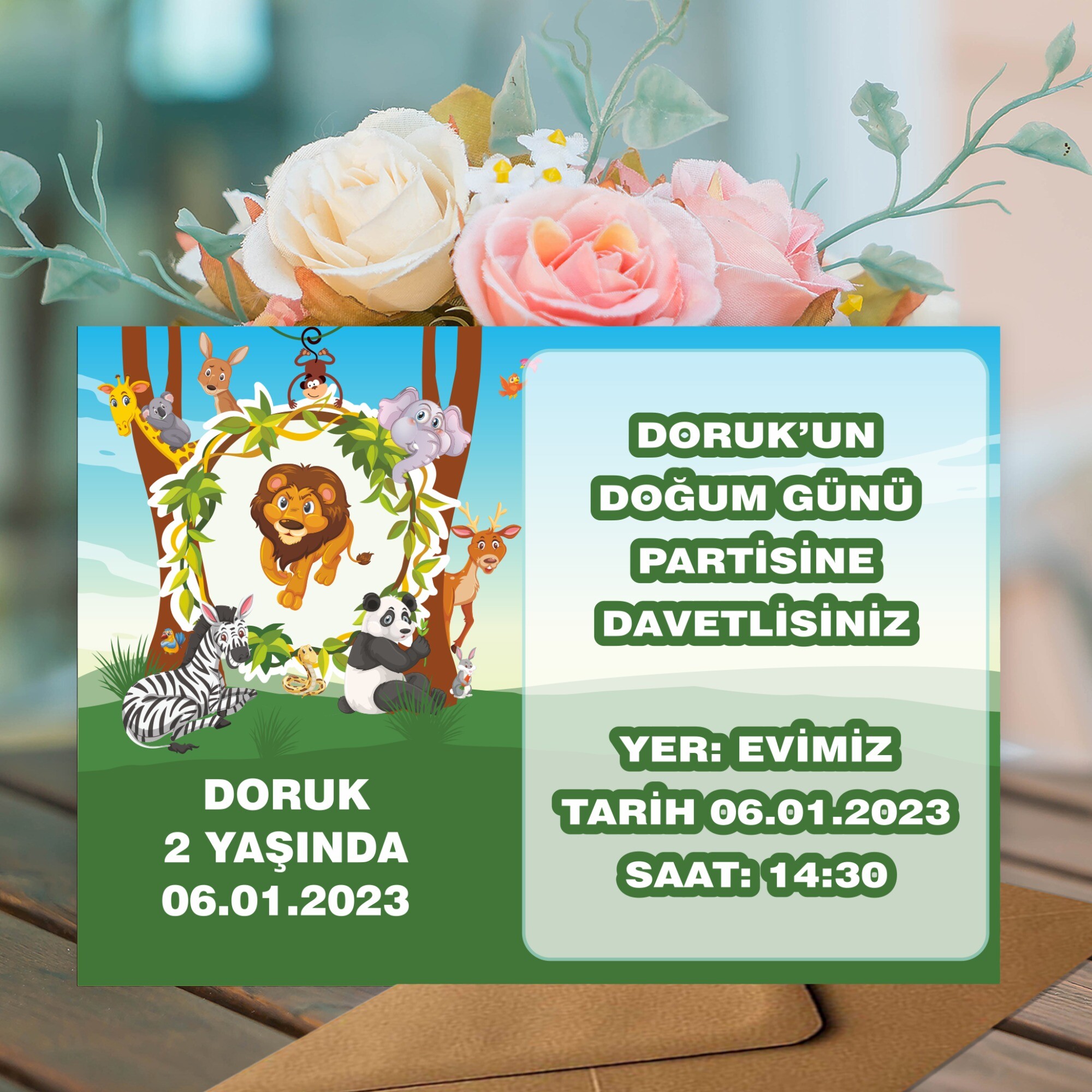 Safari Temalı Parti Davetiyesi Zarf Dahil