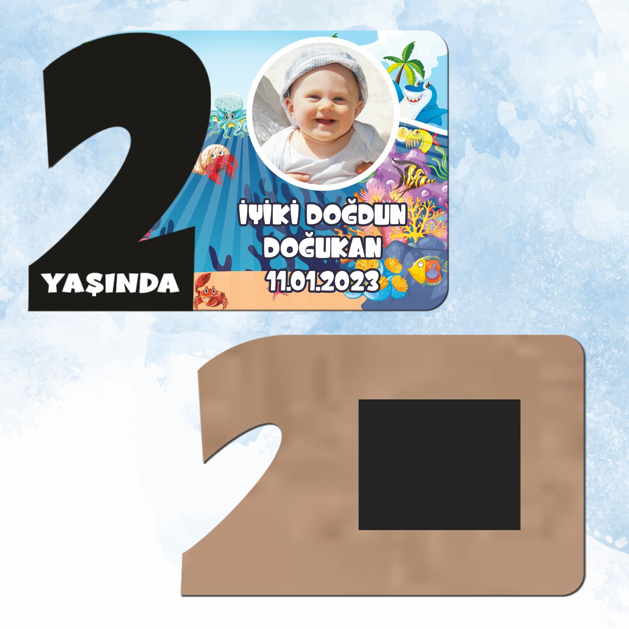 Deniz Canlıları Konsept 2 Yaşında Siyah Rakam Magnet Ahşap