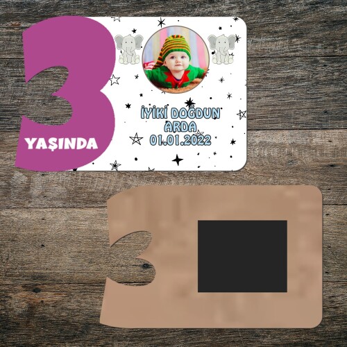 Sevimli Filli 3 Yaşında Mor Rakam Ahşap Magnet
