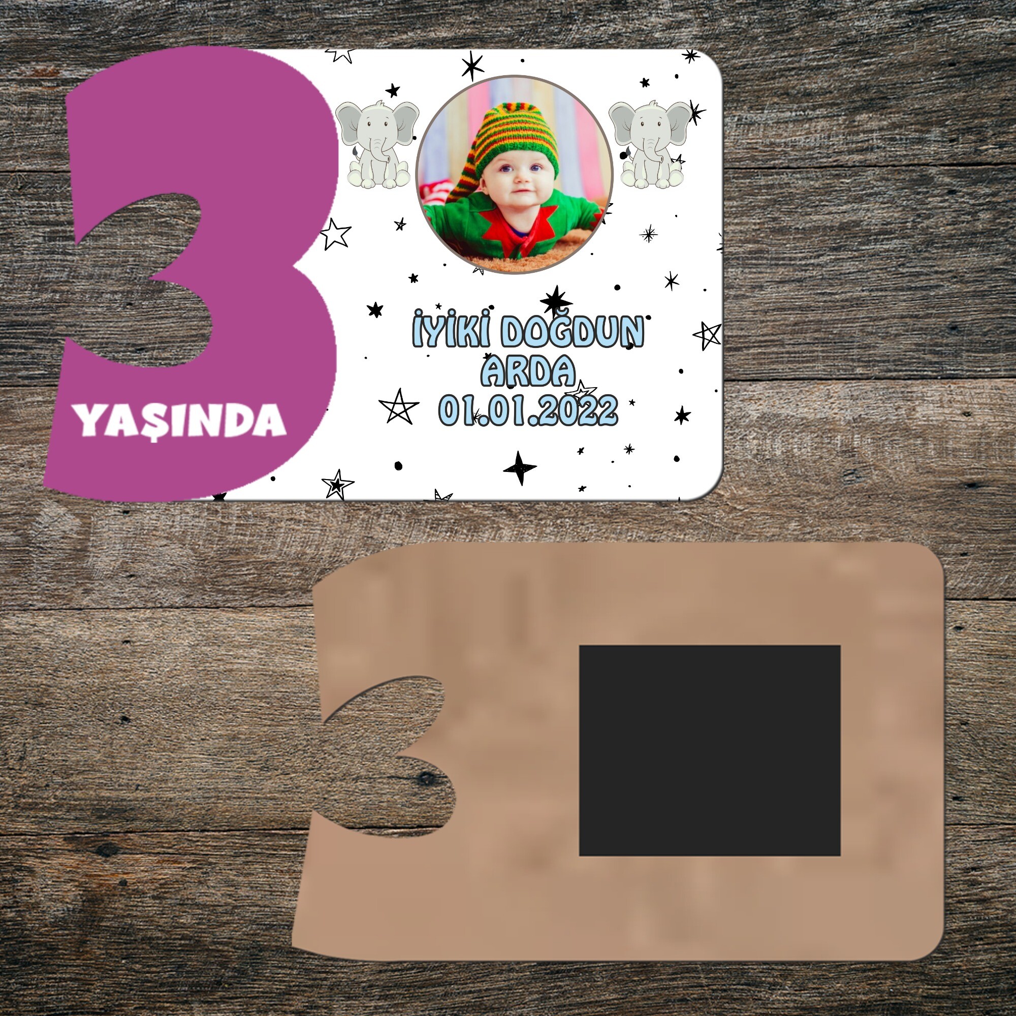 Sevimli Filli 3 Yaşında Mor Rakam Ahşap Magnet