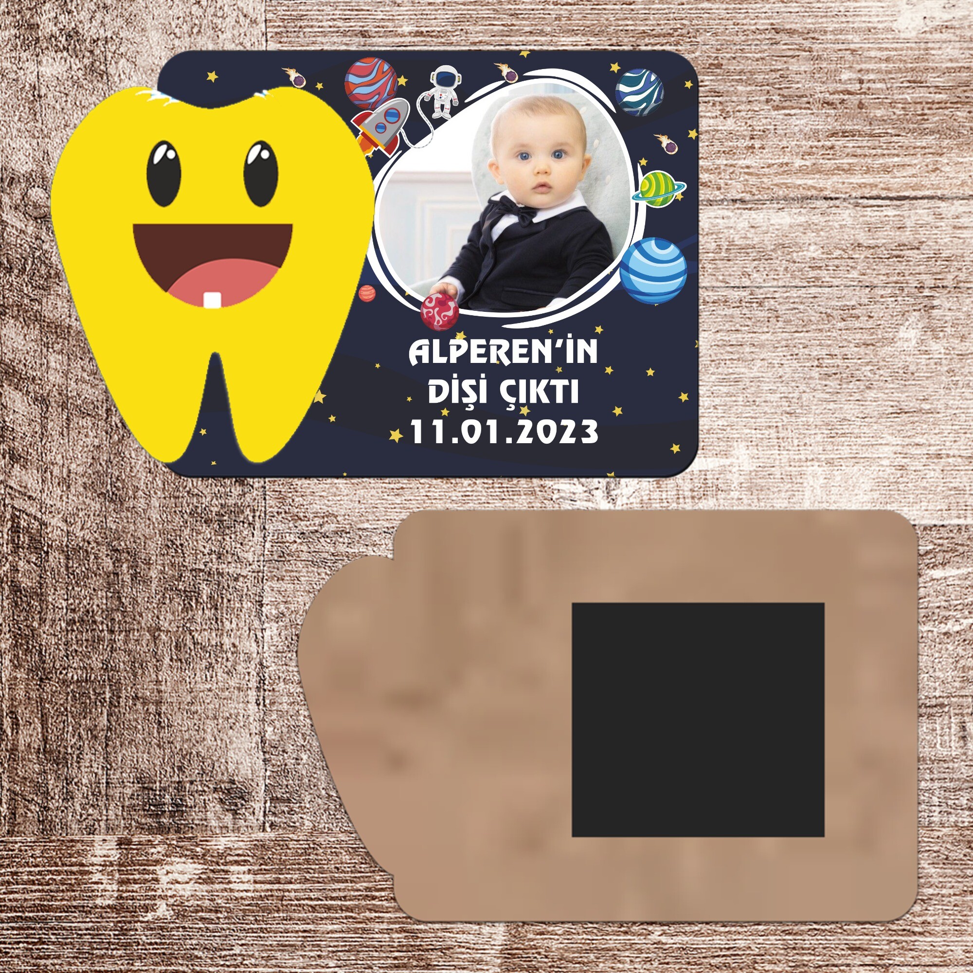 Uzay Temalı Dişim Çıktı Ahşap Magnet Sarı Diş