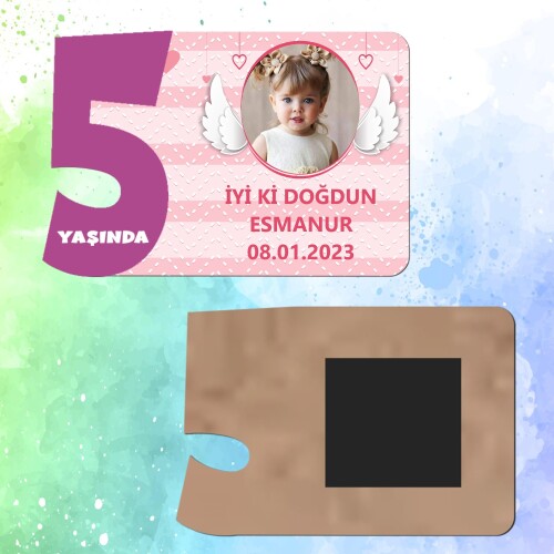 Melek Kanadı Temalı Mor Rakamlı 5 Yaşında Magnet Ahşap