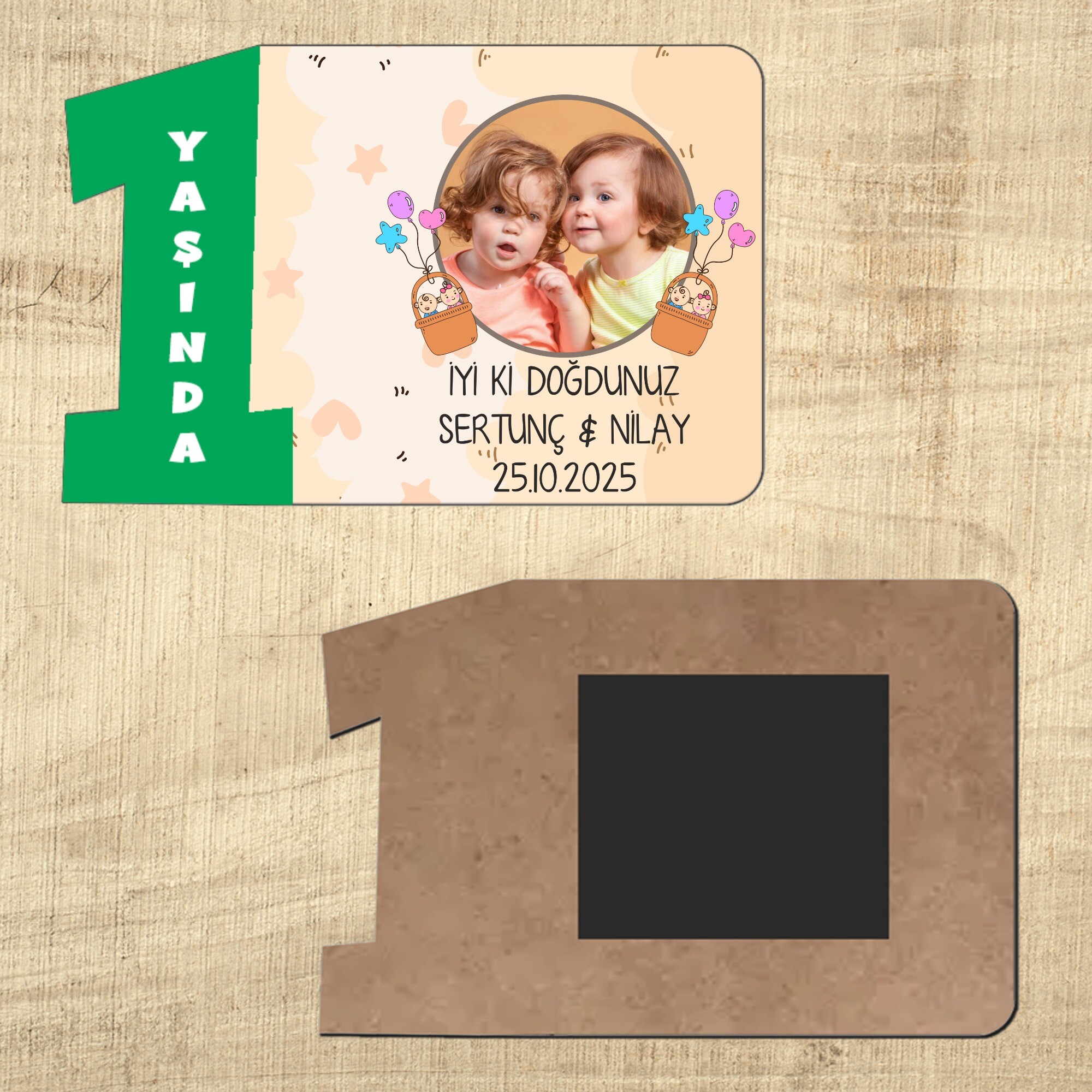 İkiz Bebek 1. Yaş İçin Ahşap Yeşil Rakam Magnet