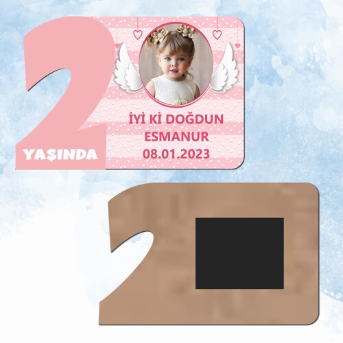 Melek Kanadı Temalı 2 Yaş Pembe Rakam Ahşap Magnet