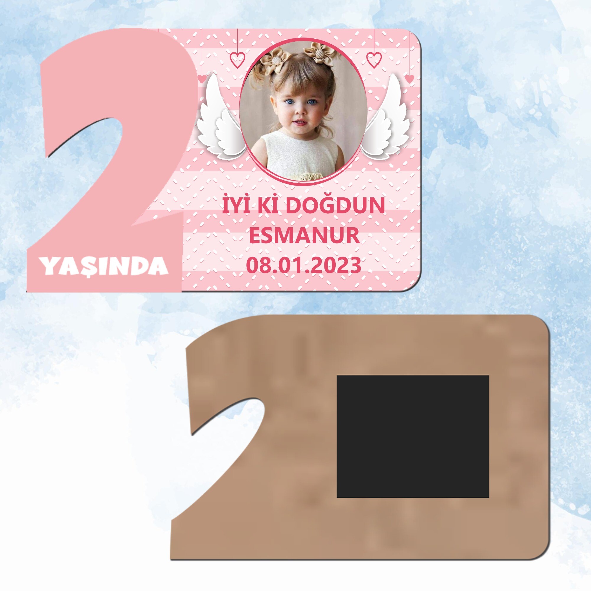 Melek Kanadı Temalı 2 Yaş Pembe Rakam Ahşap Magnet