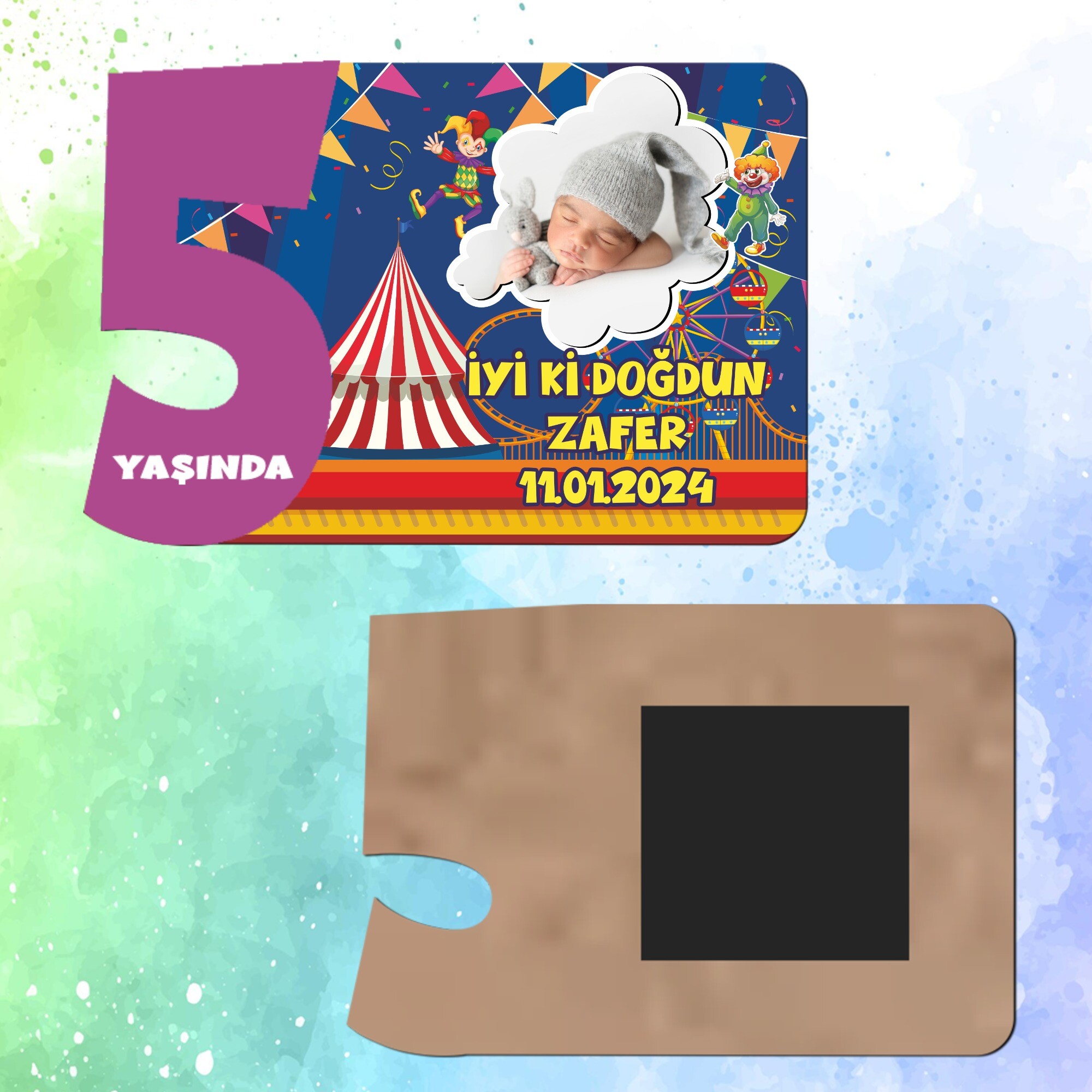 Palyaço Temalı Mor Rakamlı 5 Yaşında Magnet Ahşap