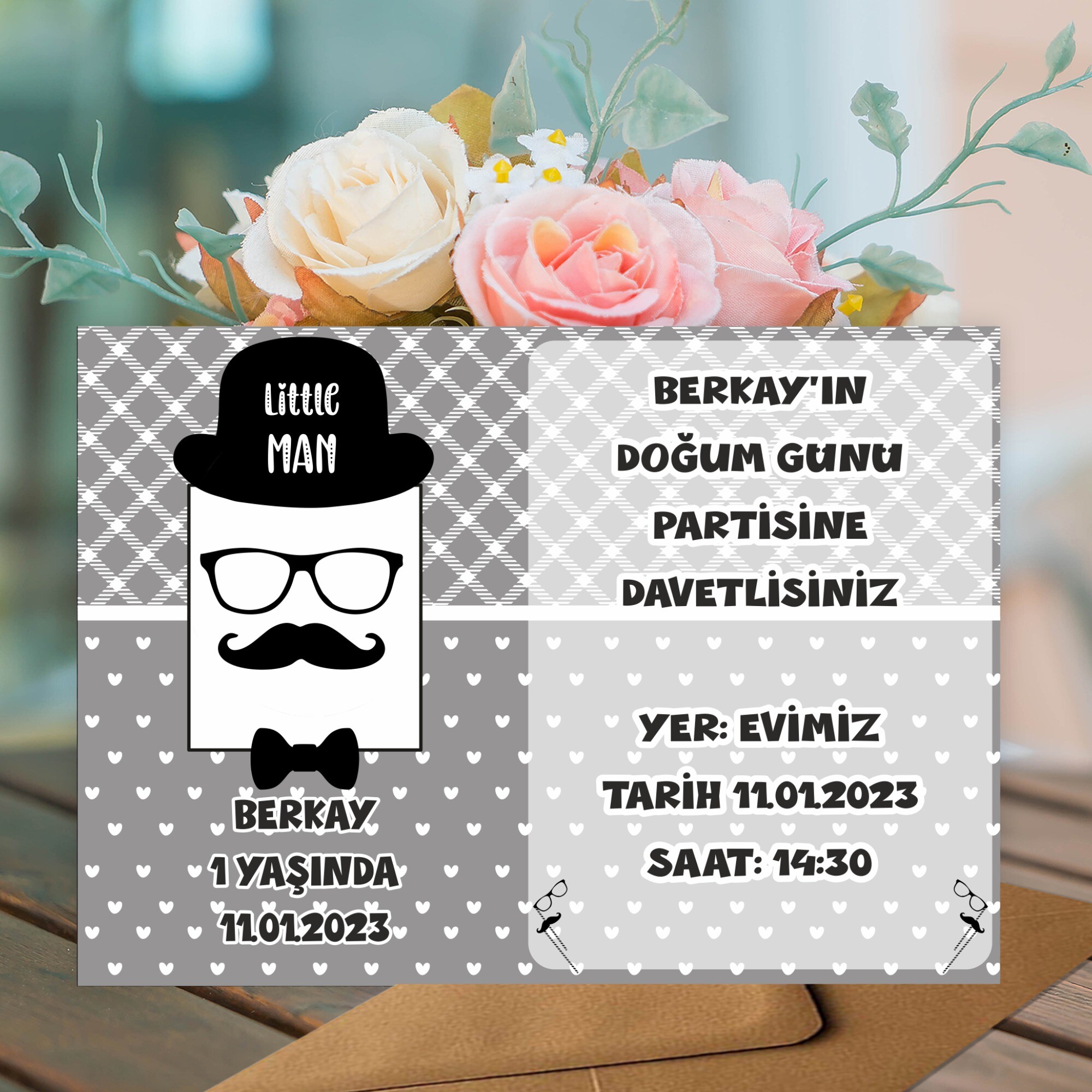 Little Man Küçük Adam Parti Davetiyesi Zarf Dahil