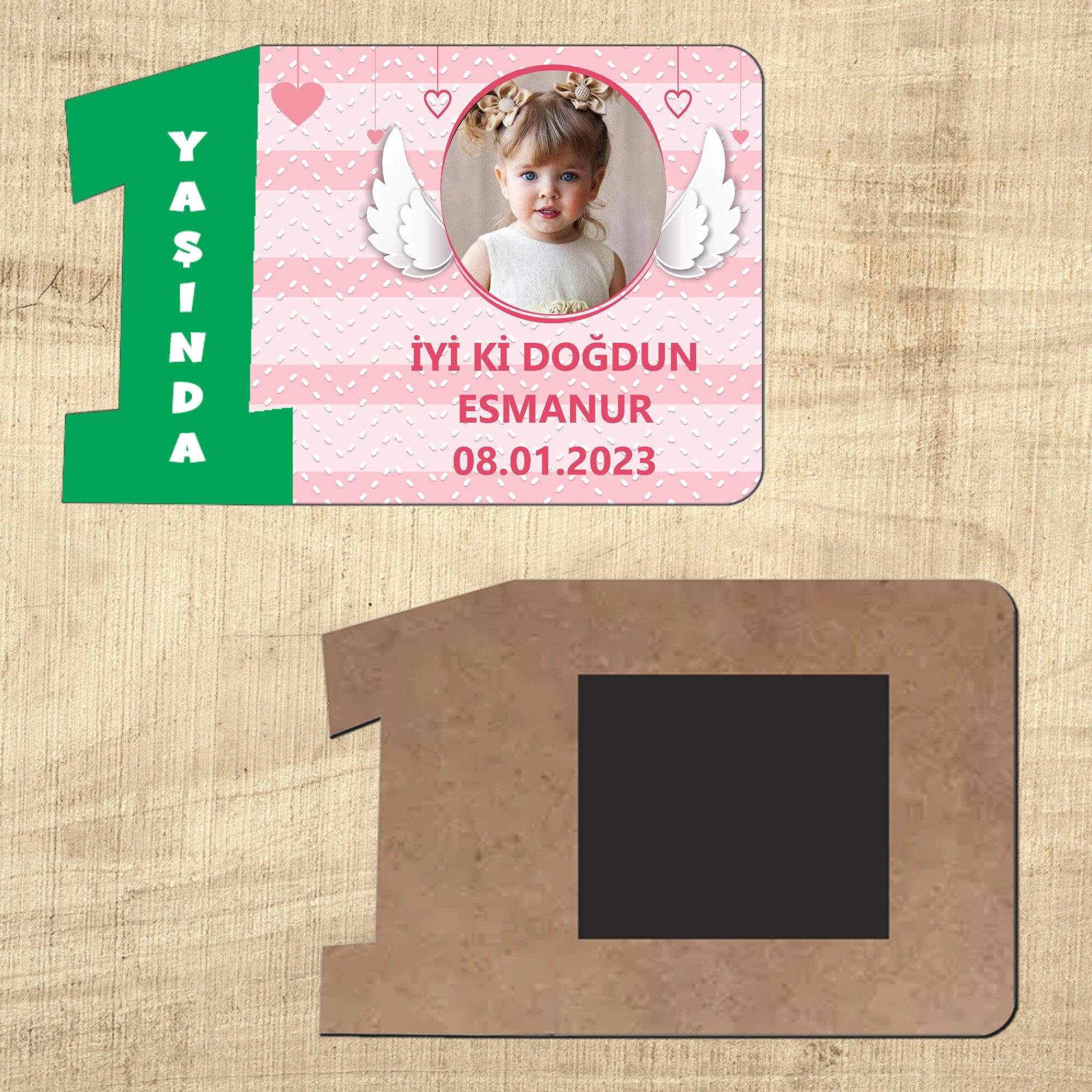 Melek Kanadı Temalı 1. Yaş İçin Ahşap Yeşil Rakam Magnet