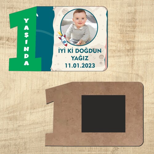 Roket Temalı 1. Yaş İçin Ahşap Yeşil Rakam Magnet