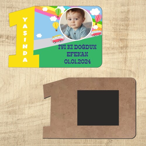 Otobüslü Sarı Rakamlı 1 Yaşında Magnet Ahşap