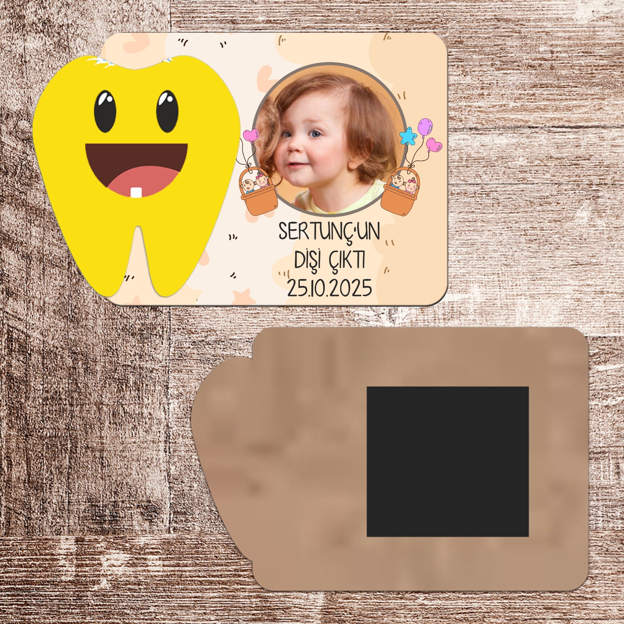 İkiz Bebek Dişim Çıktı Ahşap Magnet Sarı Diş