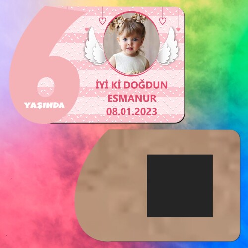 Melek Kanadı Temalı 6 Yaş Kız Çocuk Ahşap Pembe Rakam Magnet