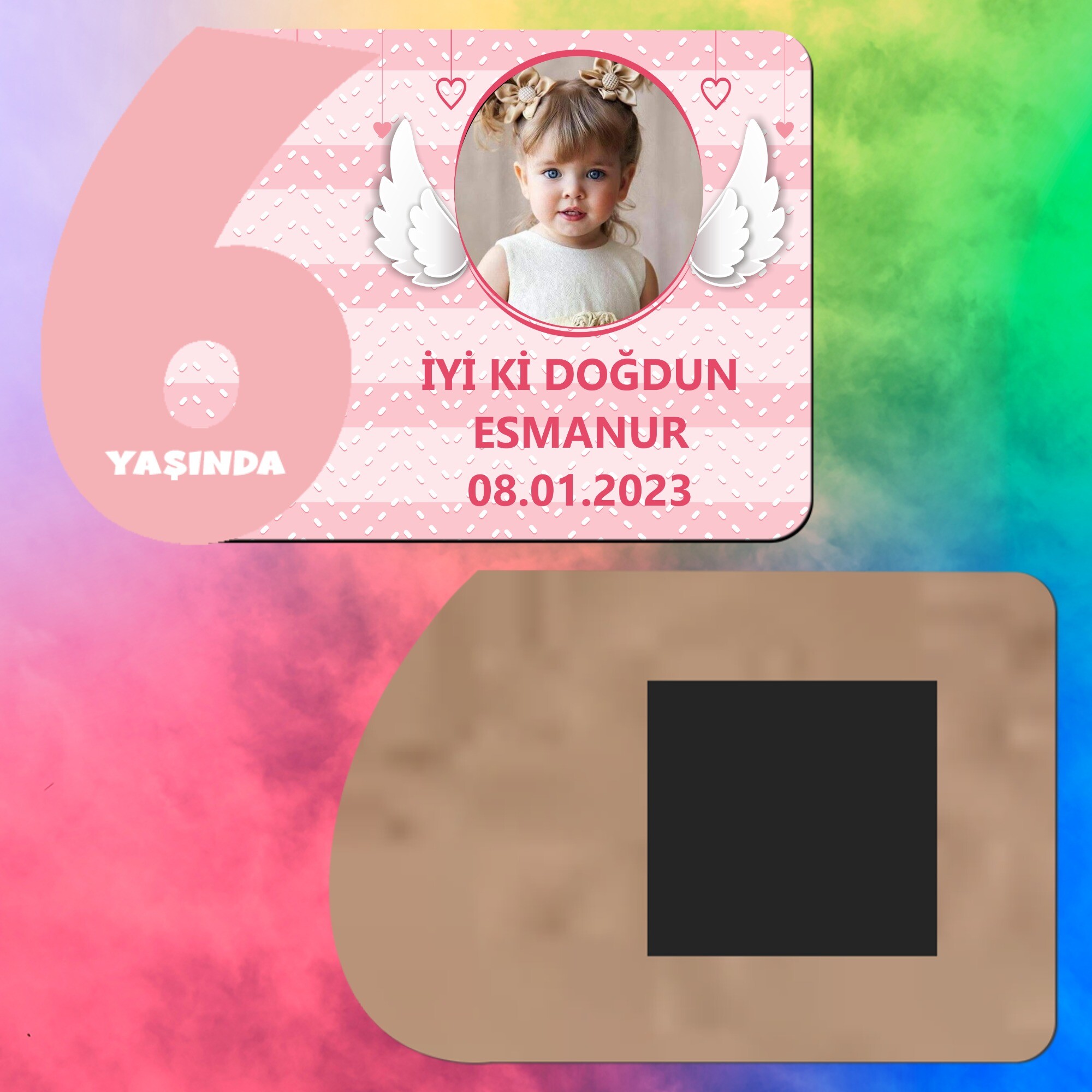 Melek Kanadı Temalı 6 Yaş Kız Çocuk Ahşap Pembe Rakam Magnet