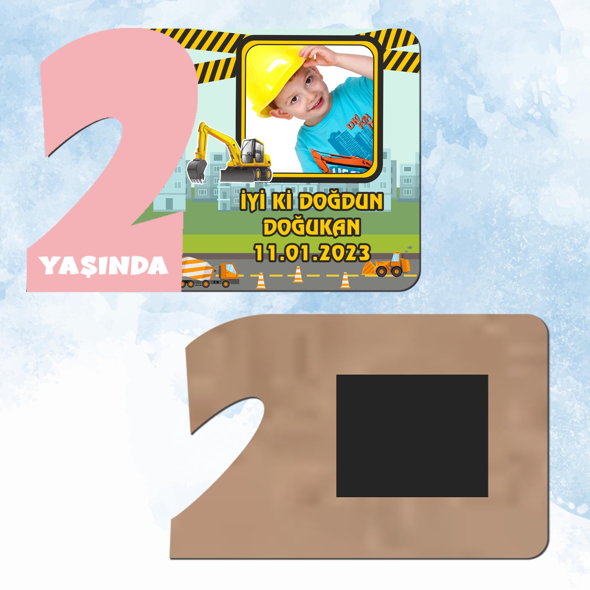 İş Makinaları Tasarımlı 2 Yaş Pembe Rakam Ahşap Magnet