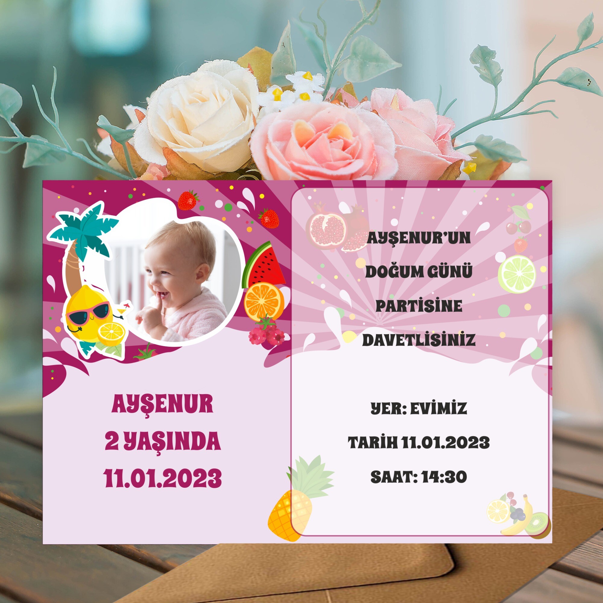Meyveler Figürlü Doğum Günü İçin Zarflı Davetiye