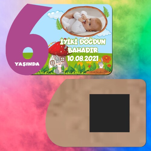 Sevimli Tavşan 6 Yaş İçin Mor Rakamlı Ahşap Magnet Baskı