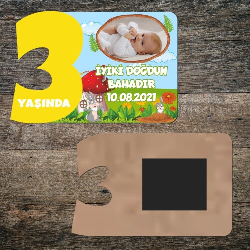Sevimli Tavşan 3 Yaşında Sarı Rakam Ahşap Yaş Magneti