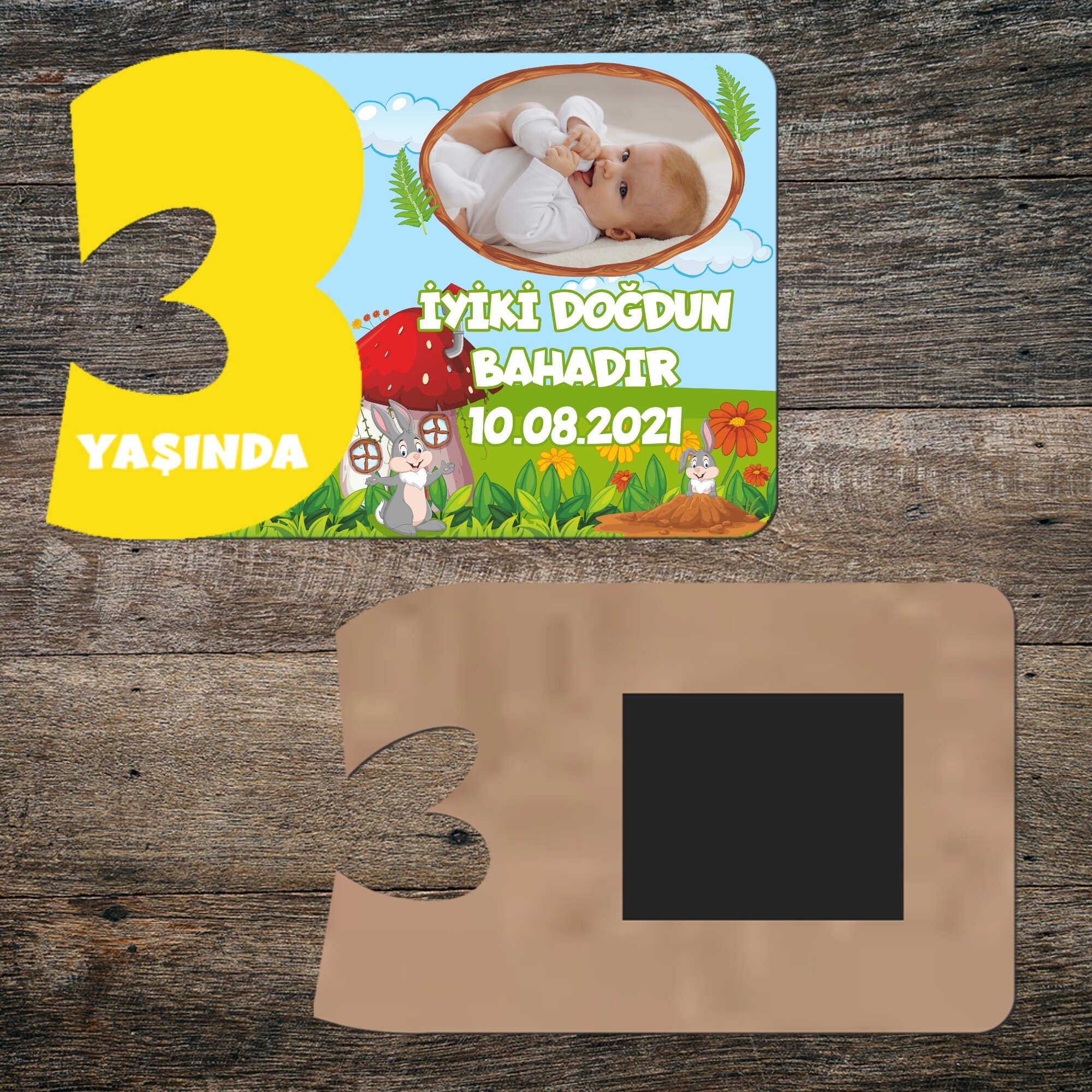 Sevimli Tavşan 3 Yaşında Sarı Rakam Ahşap Yaş Magneti