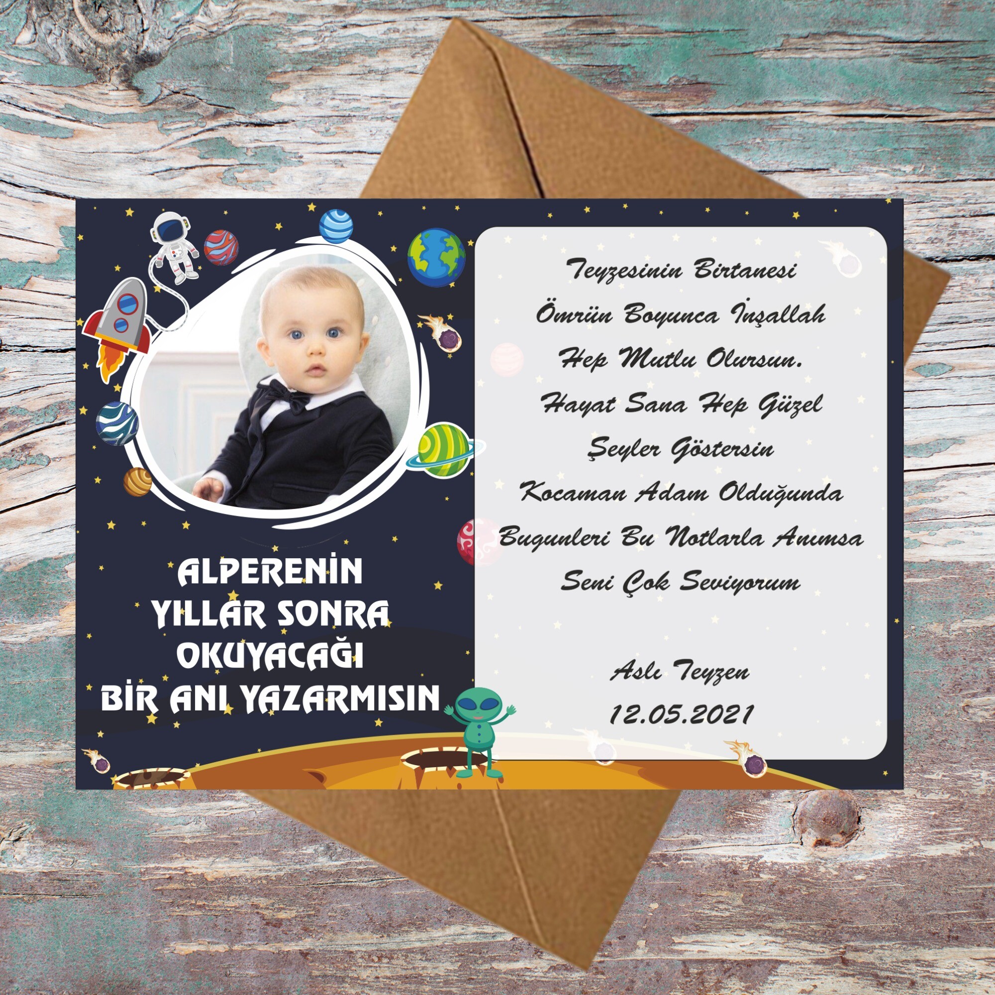 Uzay Temalı Doğum Günü İçin Zarflı Anı Kartı