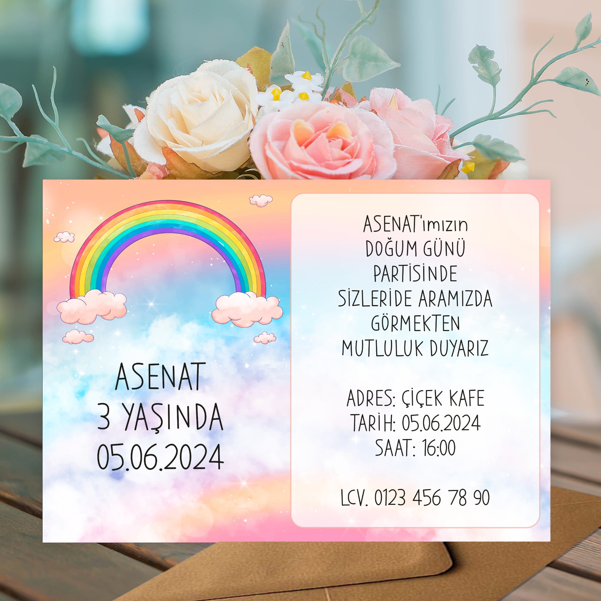 Gökkuşağı Temalı Parti Davetiyesi Zarf Dahil