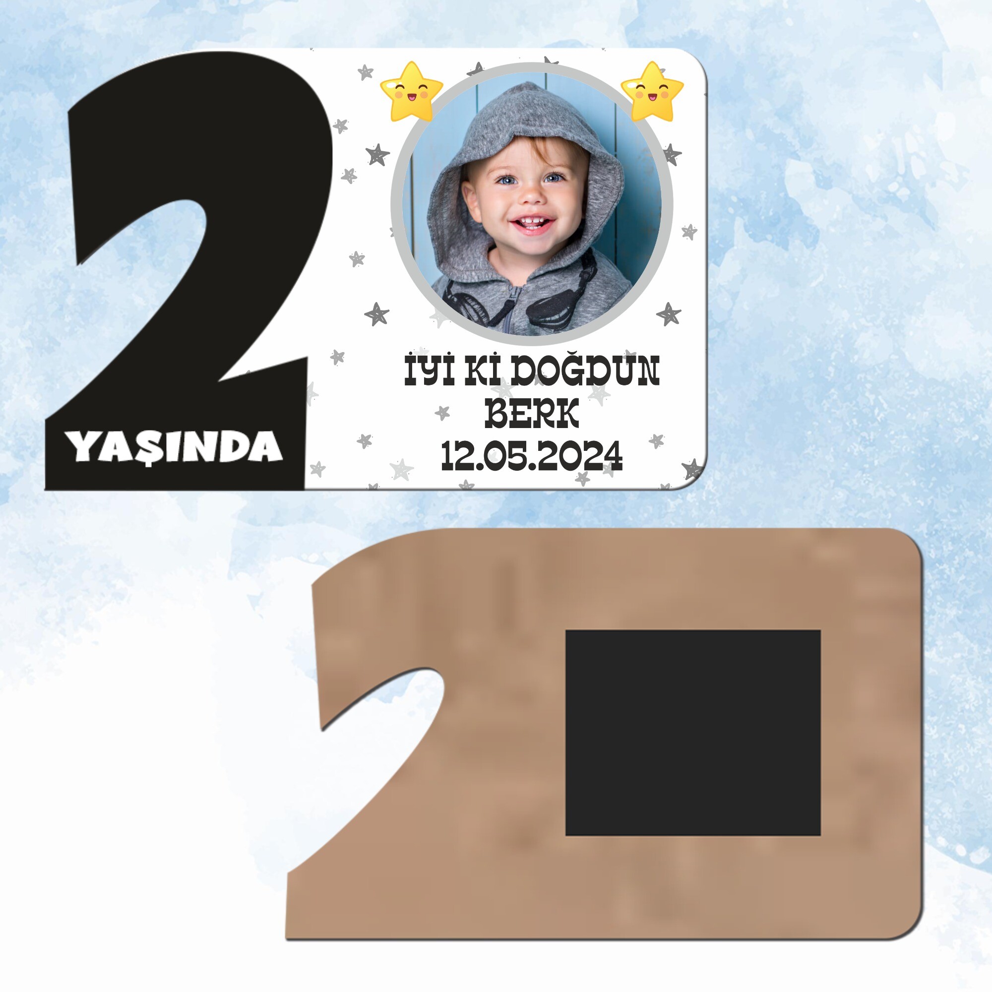 Star Temalı 2 Yaşında Siyah Rakam Magnet Ahşap