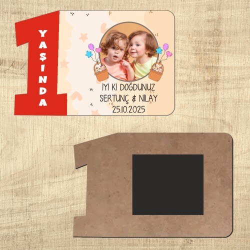 İkiz Bebek Kırmızı Rakamlı 1 Yaş Ahşap Magnet
