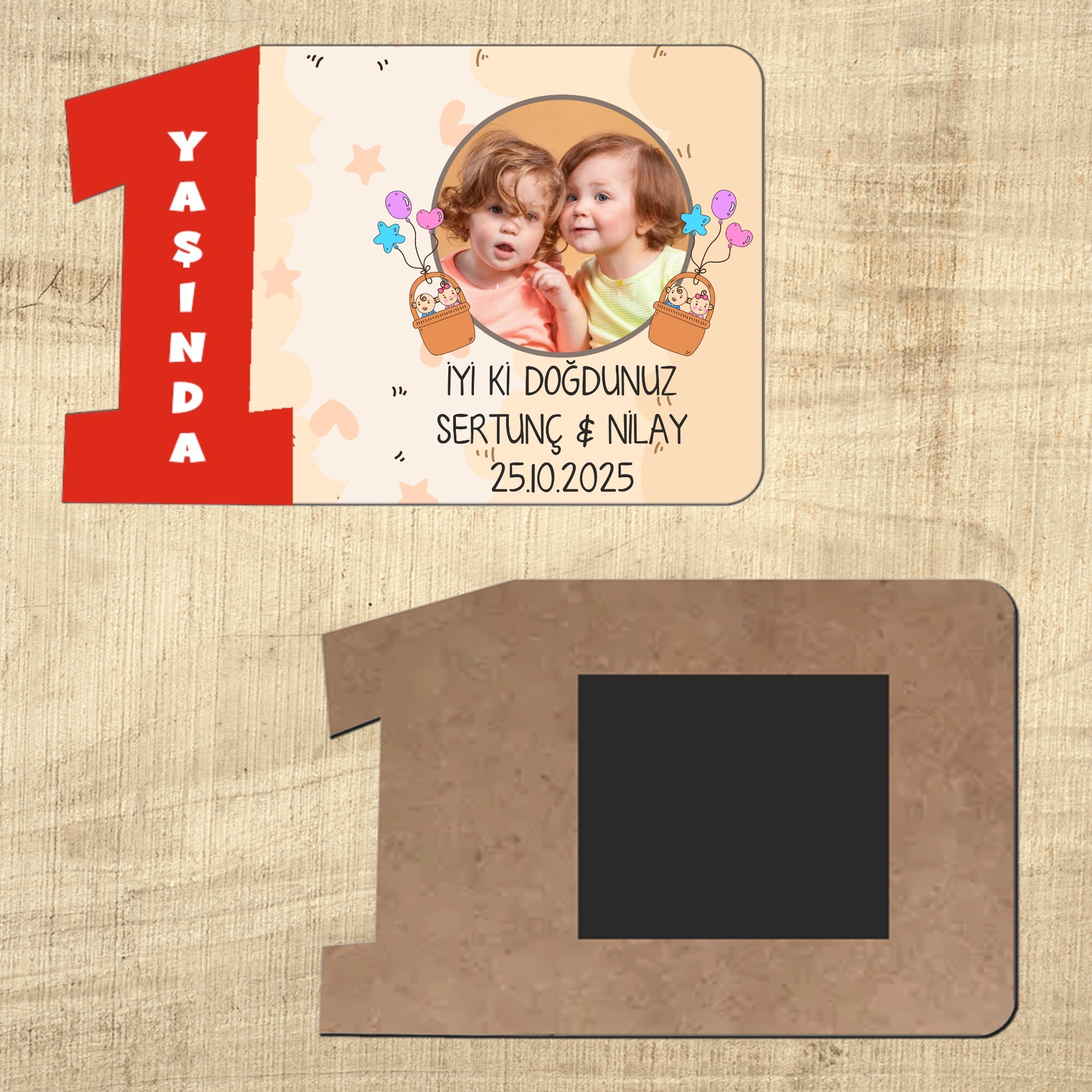 İkiz Bebek Kırmızı Rakamlı 1 Yaş Ahşap Magnet