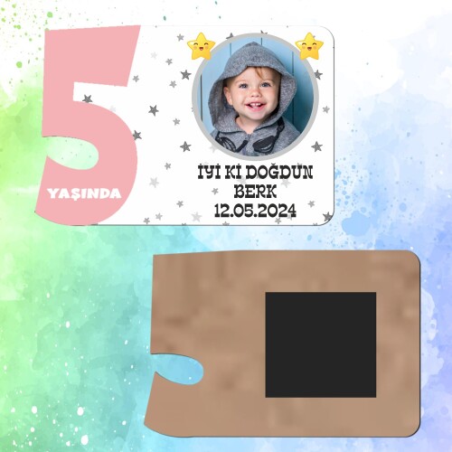 Star Temalı 5 Yaş İçin Pembe Sayılı  Ahşap Magnet