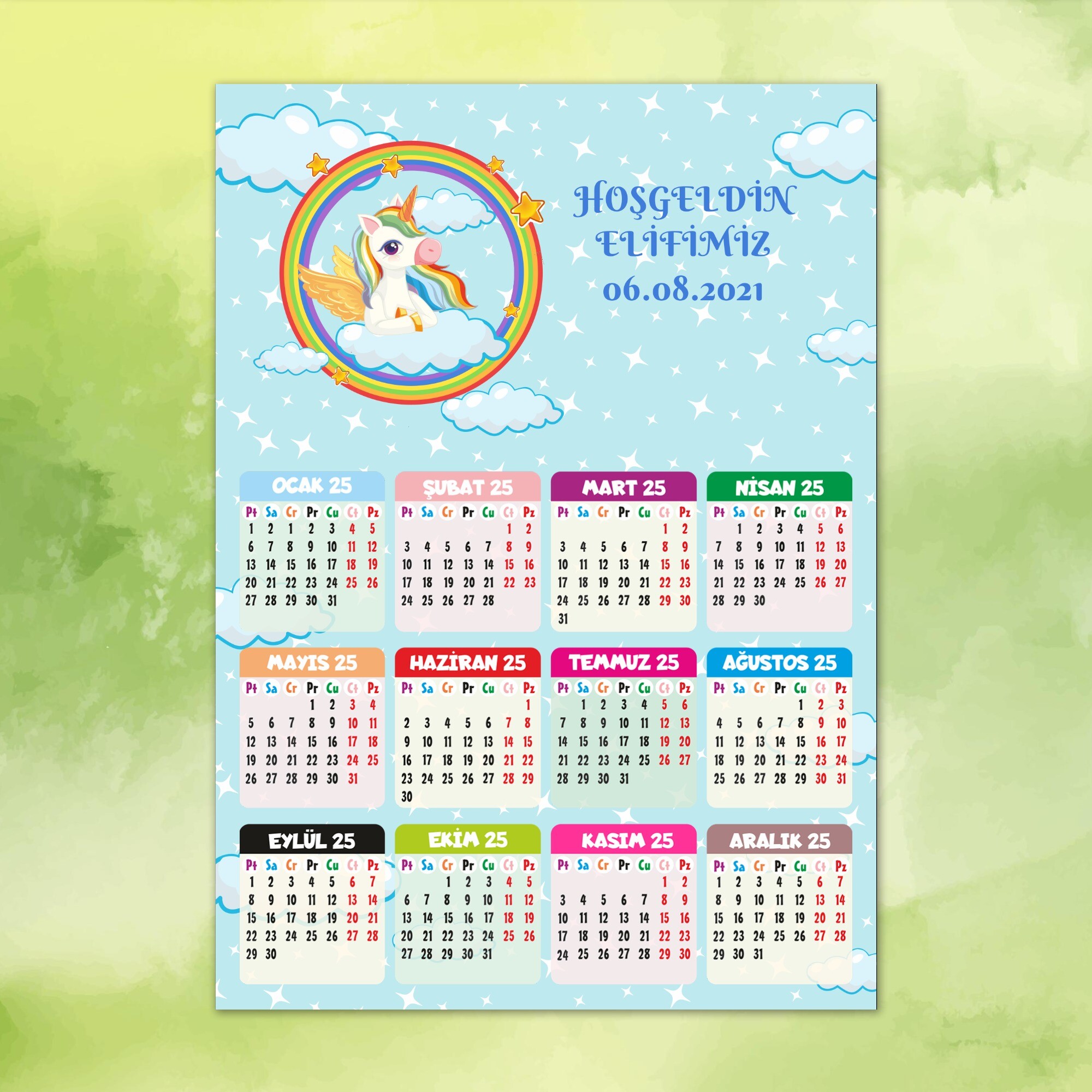 Unicornlu 12 Ay Gösteren 2025 Yılı Magnet Takvim