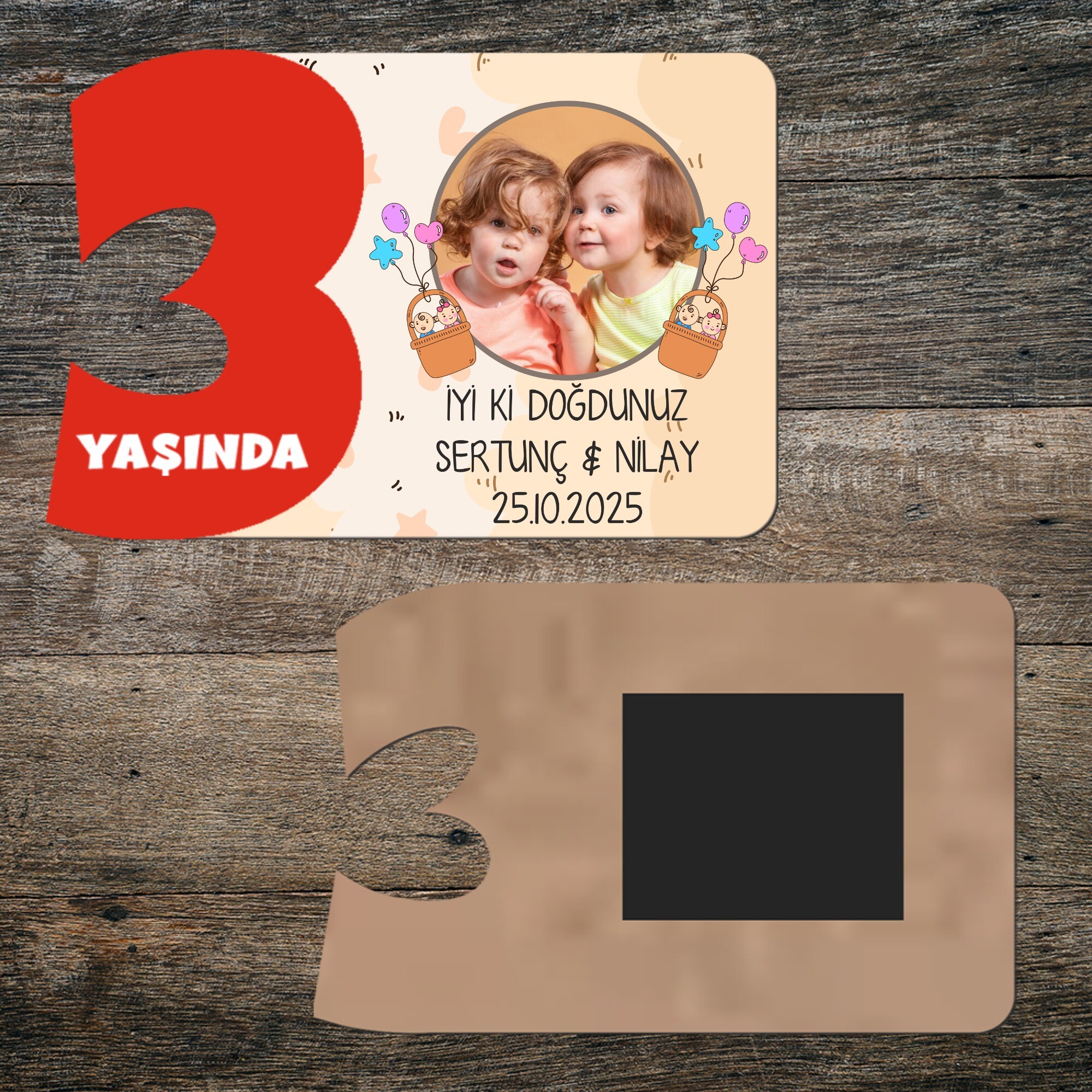 İkiz Bebek 3 Yaşında Kırmızı Rakamlı Yaş Magneti