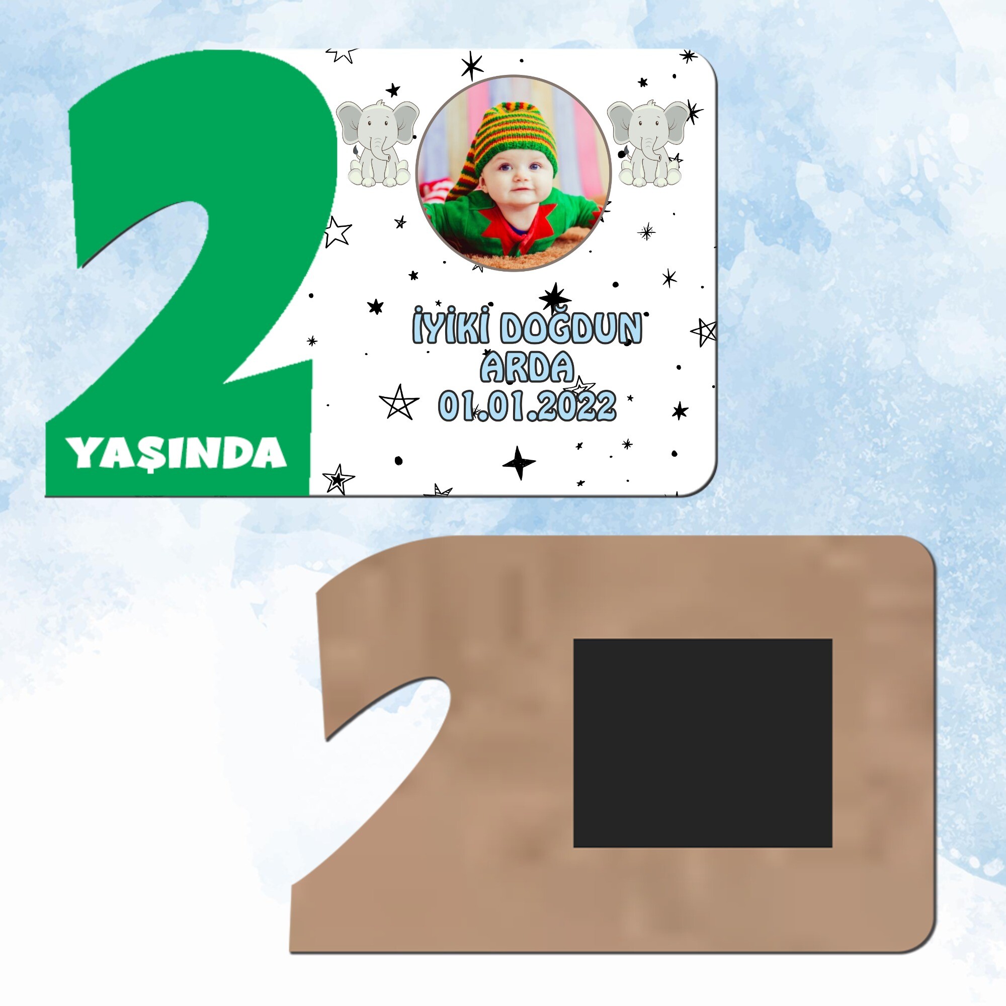 Sevimli Filli Yeşil Rakamlı 2 Yaş Hediye Ahşap Magnet