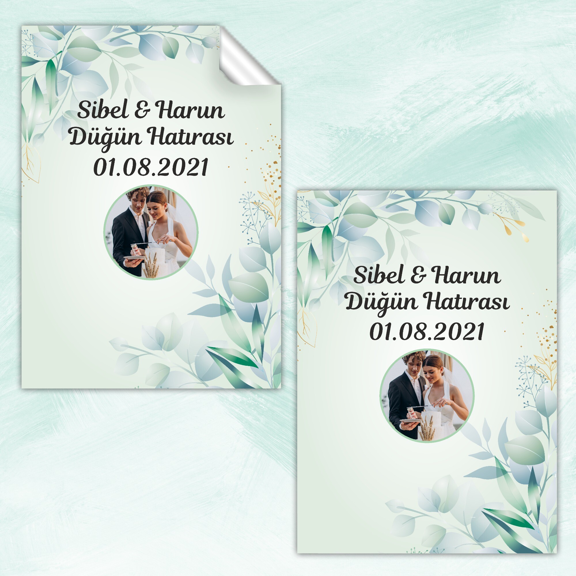 Su Yeşili Yapraklı Dikdörtgen Söz Kına Düğün Sticker