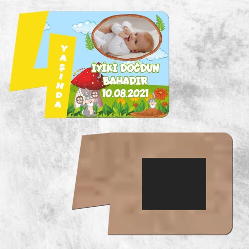 Sevimli Tavşan 4 Yaş Rakamlı Sarı Resimli Ahşap magnet