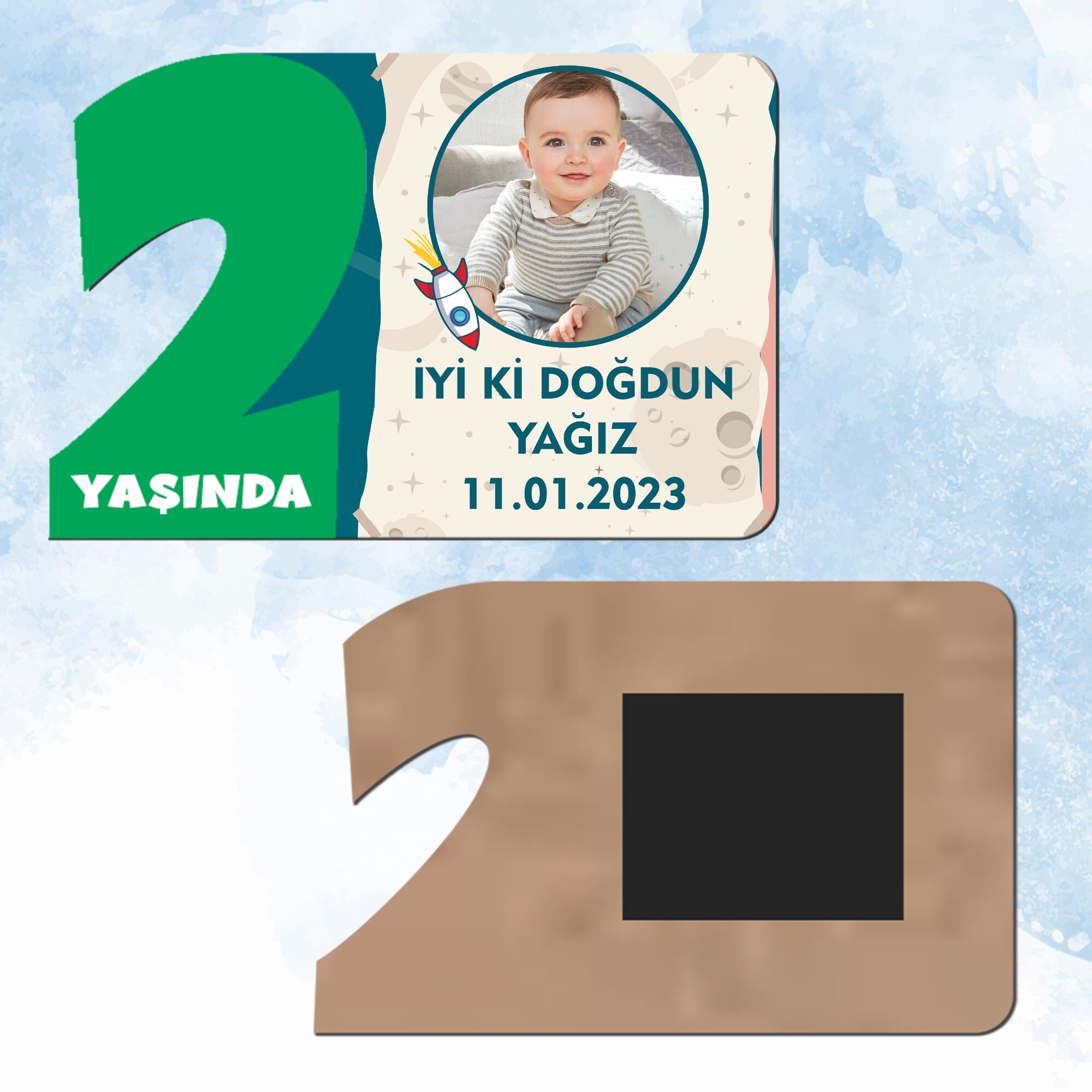Roket Temalı Yeşil Rakamlı 2 Yaş Hediye Ahşap Magnet