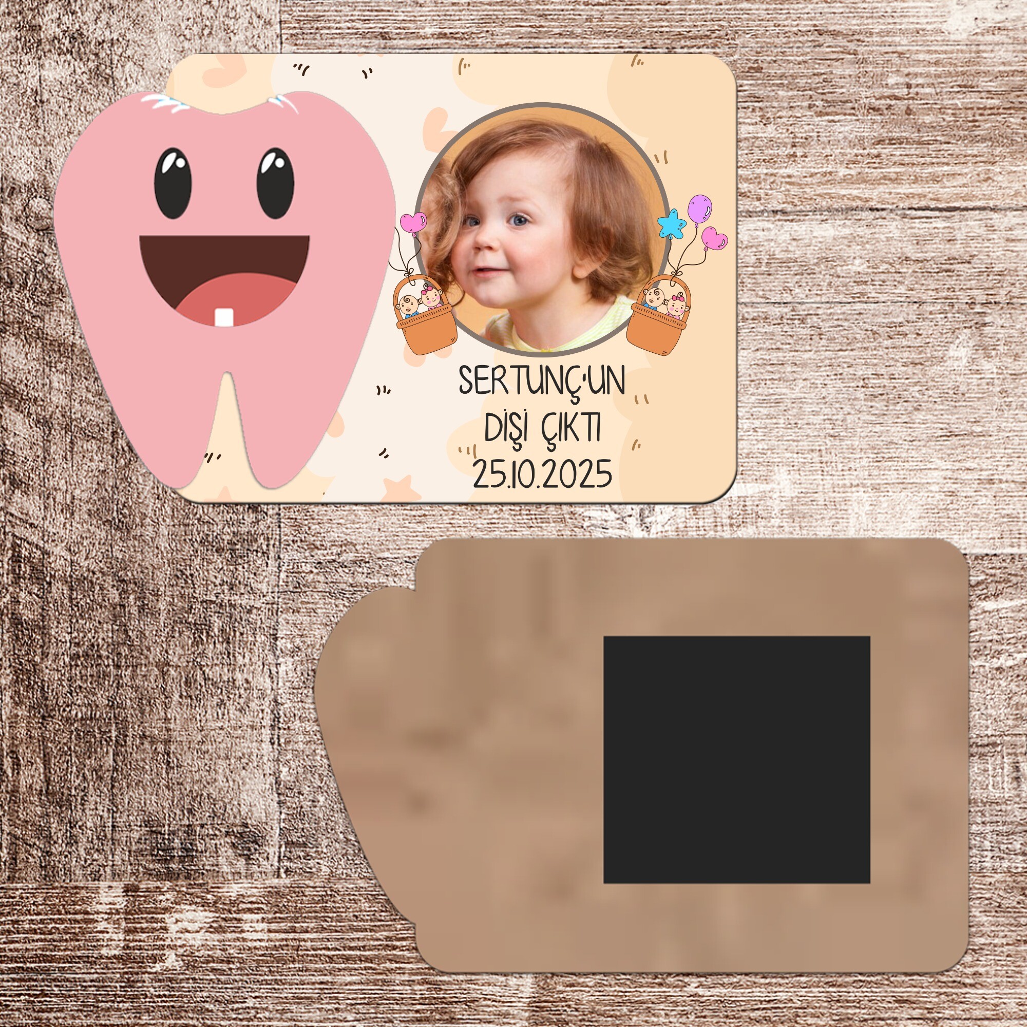 İkiz Bebek İlk Diş Hatırası Pembe Diş Magnet Ahşap