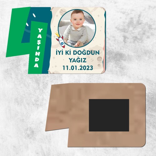 Roket Temalı 4 Yaş İçin Yeşil Rakamlı Ahşap Resim Magnet