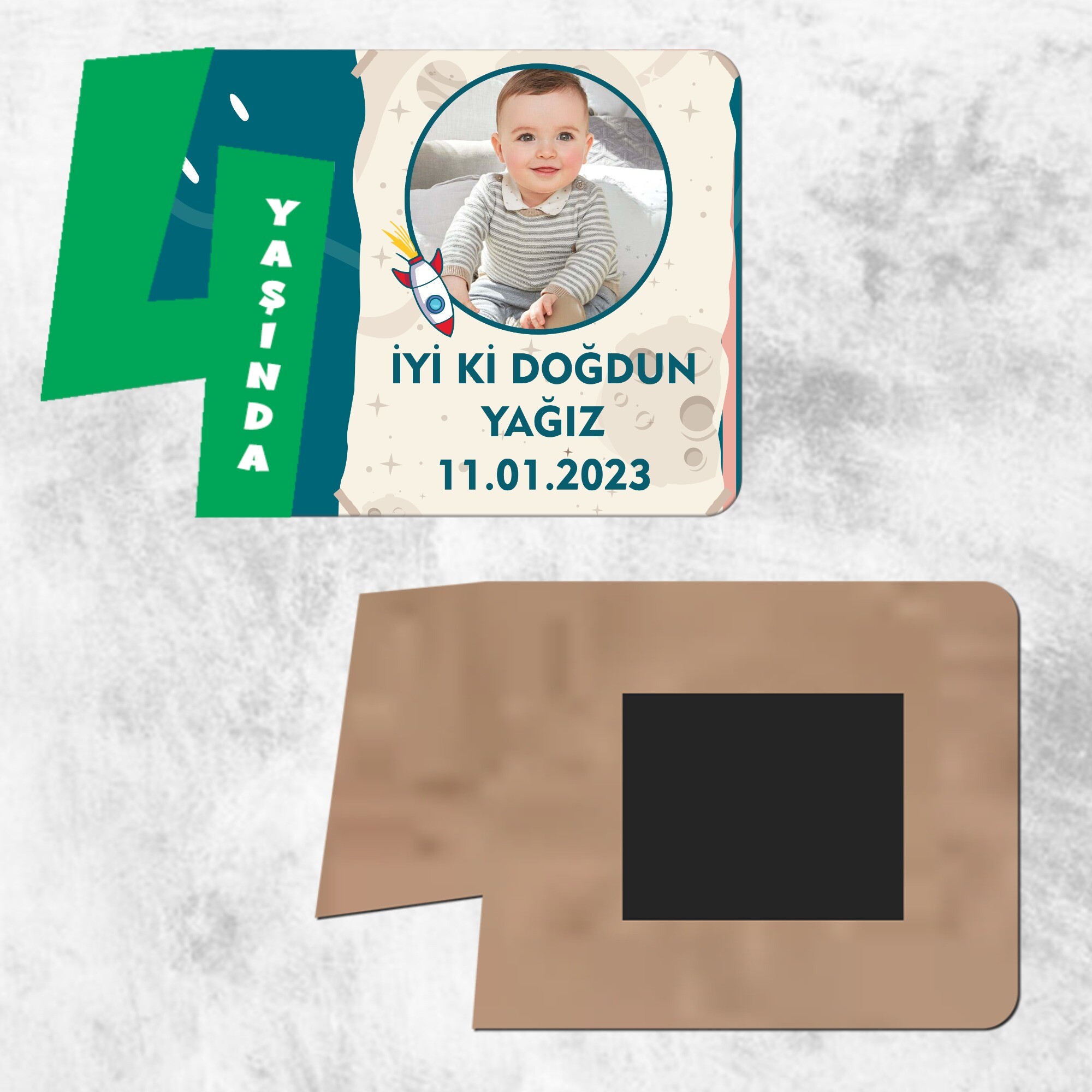 Roket Temalı 4 Yaş İçin Yeşil Rakamlı Ahşap Resim Magnet