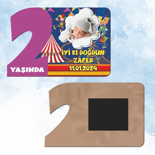 Palyaço Temalı Mor Rakam 2 Yaşında Ahşap Hediye Magnet