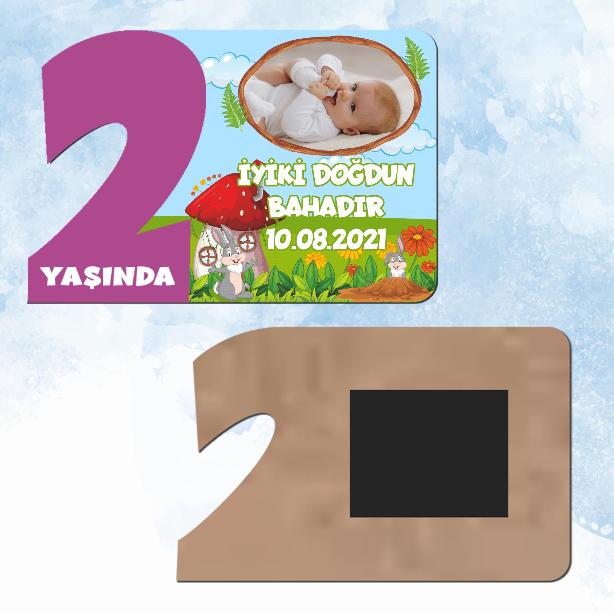 Sevimli Tavşan Mor Rakam 2 Yaşında Ahşap Hediye Magnet