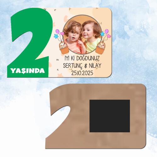 İkiz Bebek Yeşil Rakamlı 2 Yaş Hediye Ahşap Magnet
