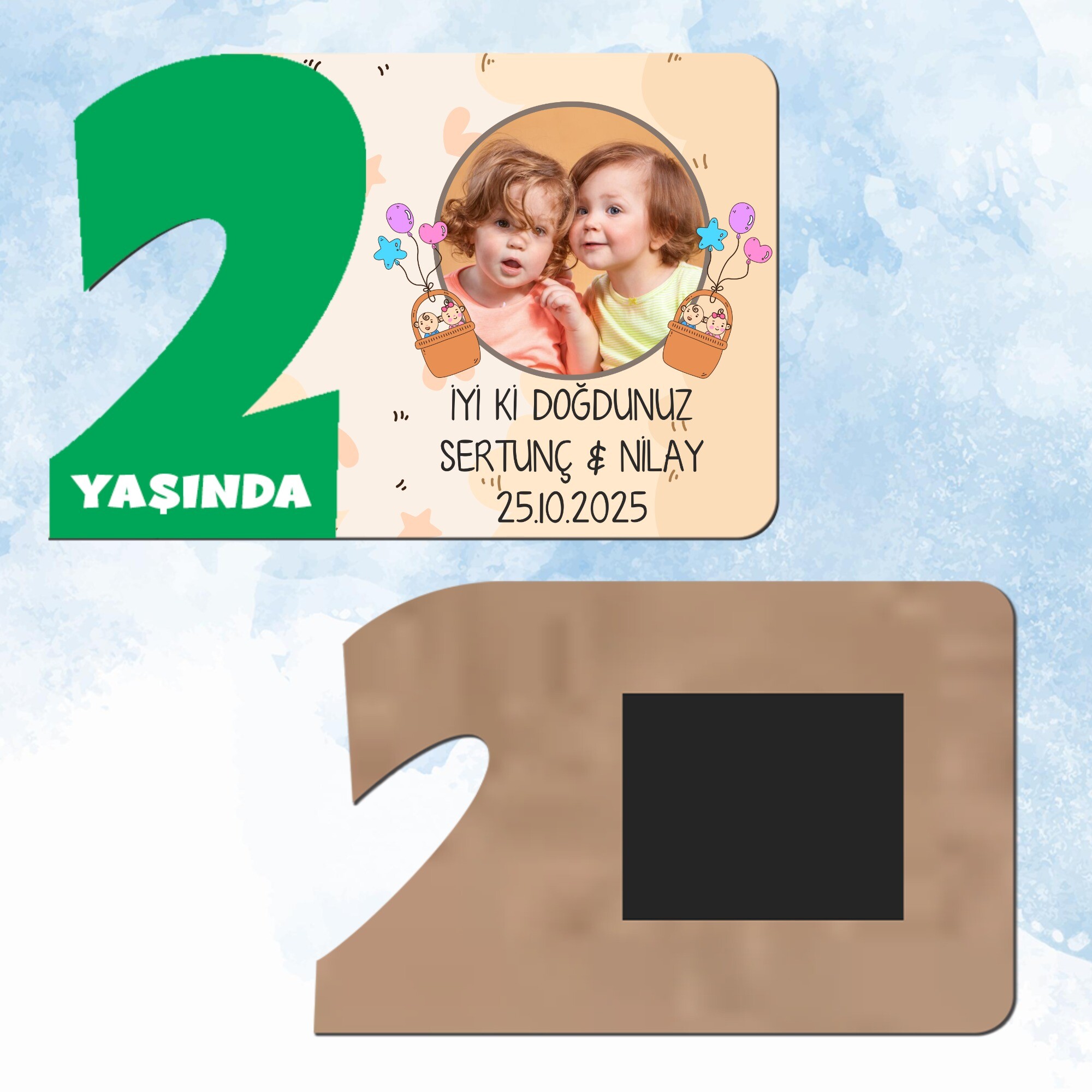 İkiz Bebek Yeşil Rakamlı 2 Yaş Hediye Ahşap Magnet
