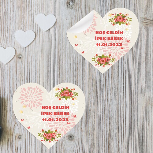 Çiçekli Kalp Şeklinde Sticker Etiket