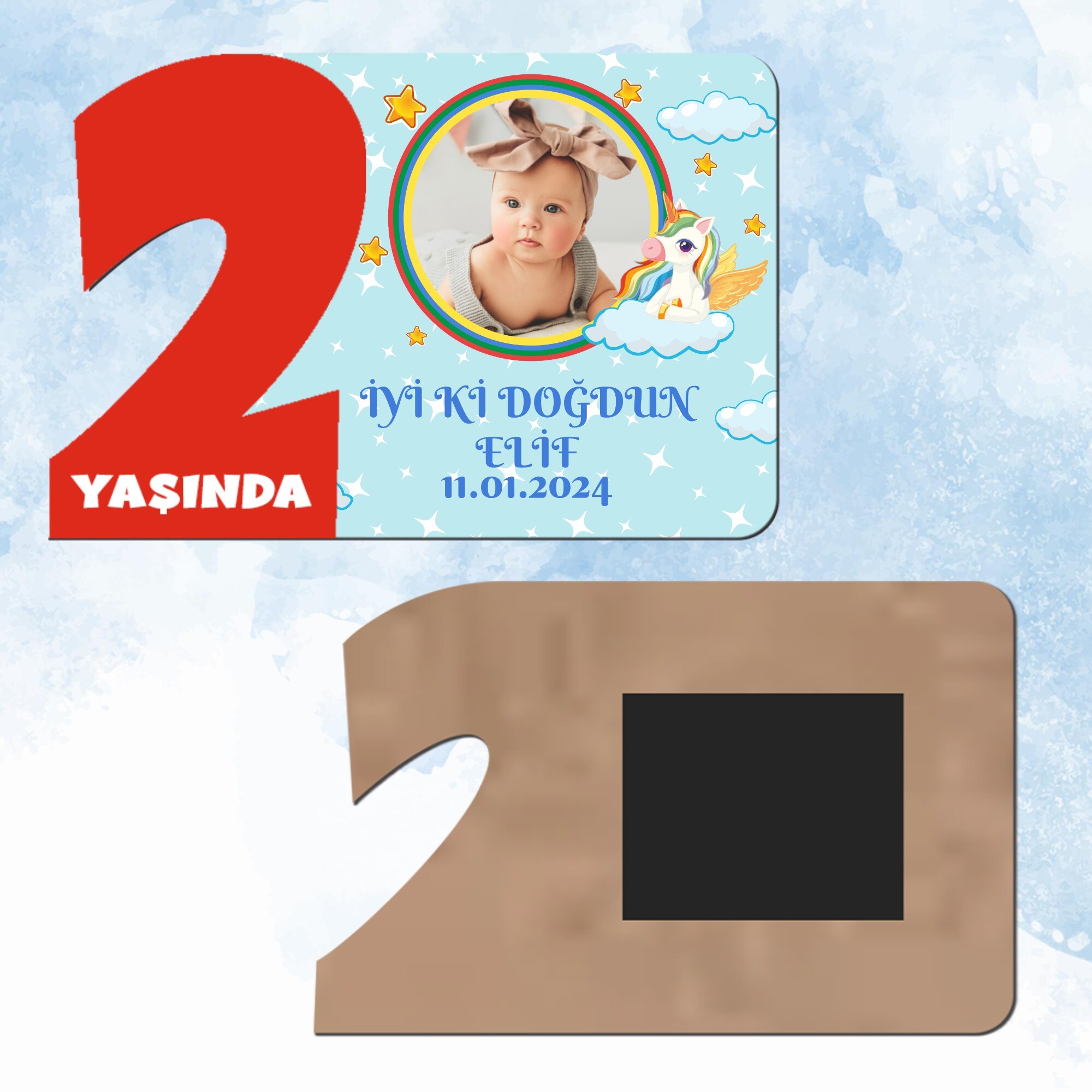 Unicornlu Kırmızı 2 Yaşında Ahşap Mıknatıslı