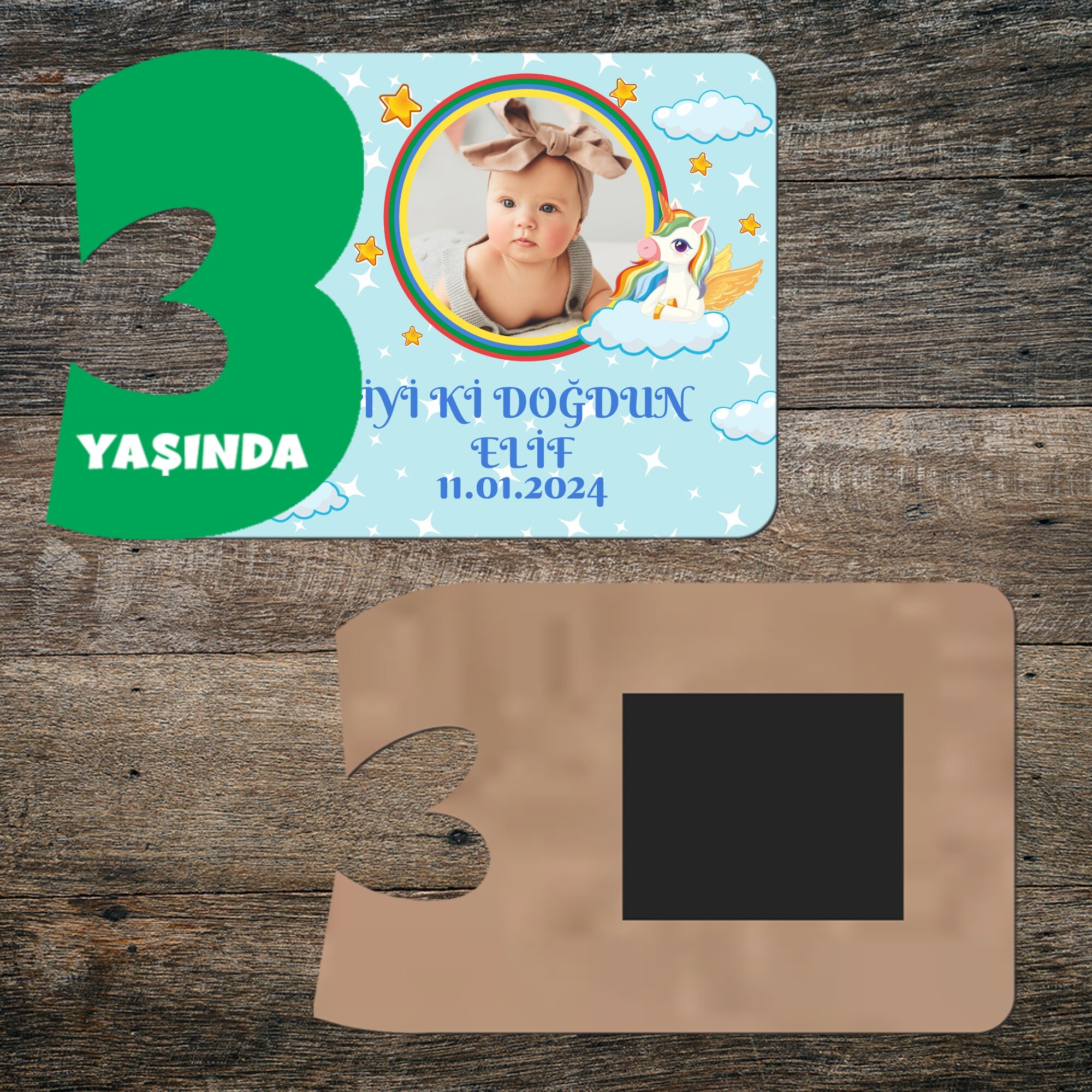 Unicornlu 3 Yaş İçin Yeşil Rakam Ahşap Doğum Günü Magneti