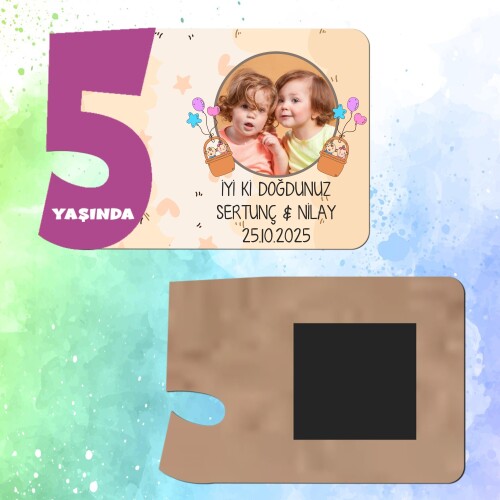 İkiz Bebek Mor Rakamlı 5 Yaşında Magnet Ahşap