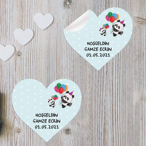Panda Temalı Kalp Şeklinde Sticker Etiket