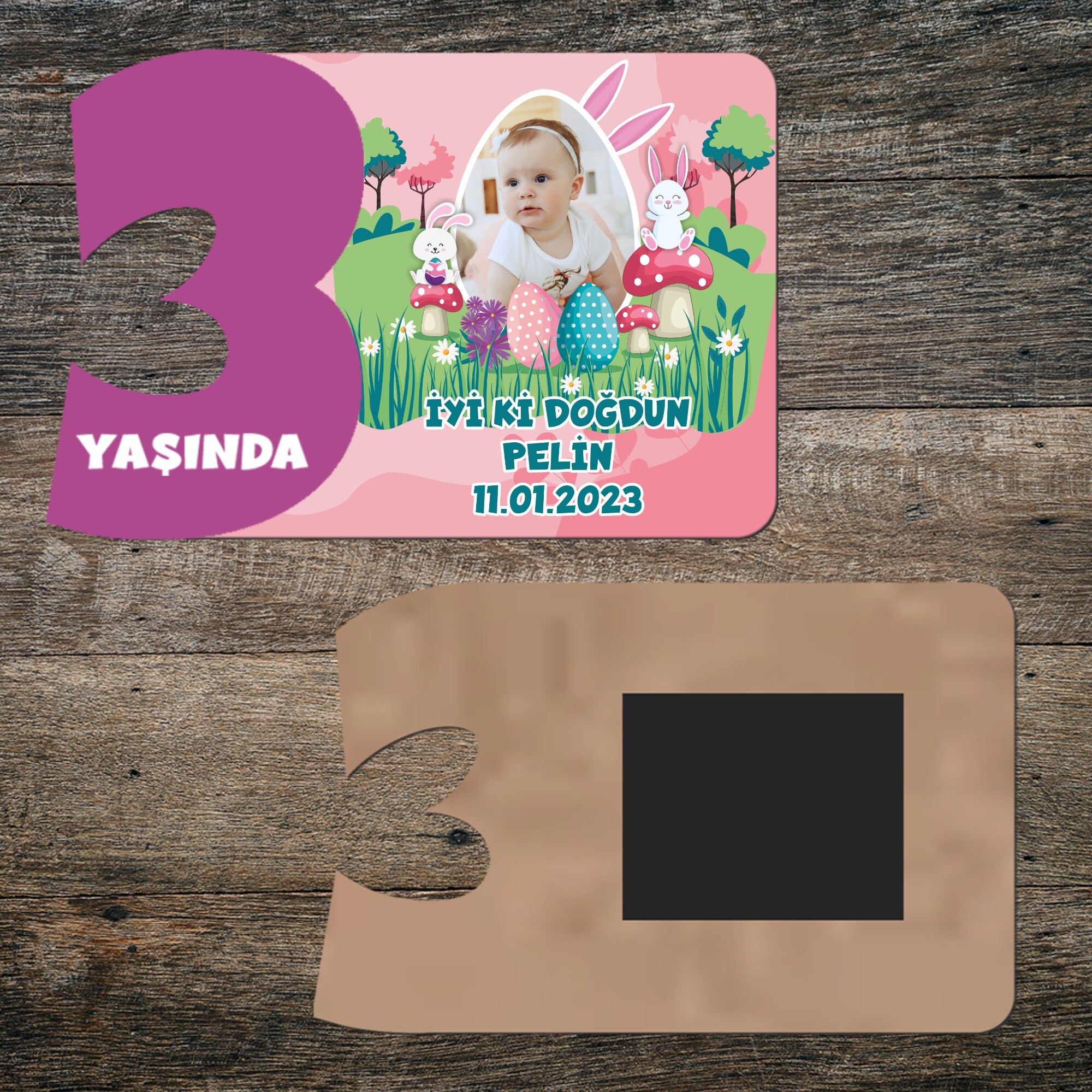 Tavşan Kız Temalı 3 Yaşında Mor Rakam Ahşap Magnet