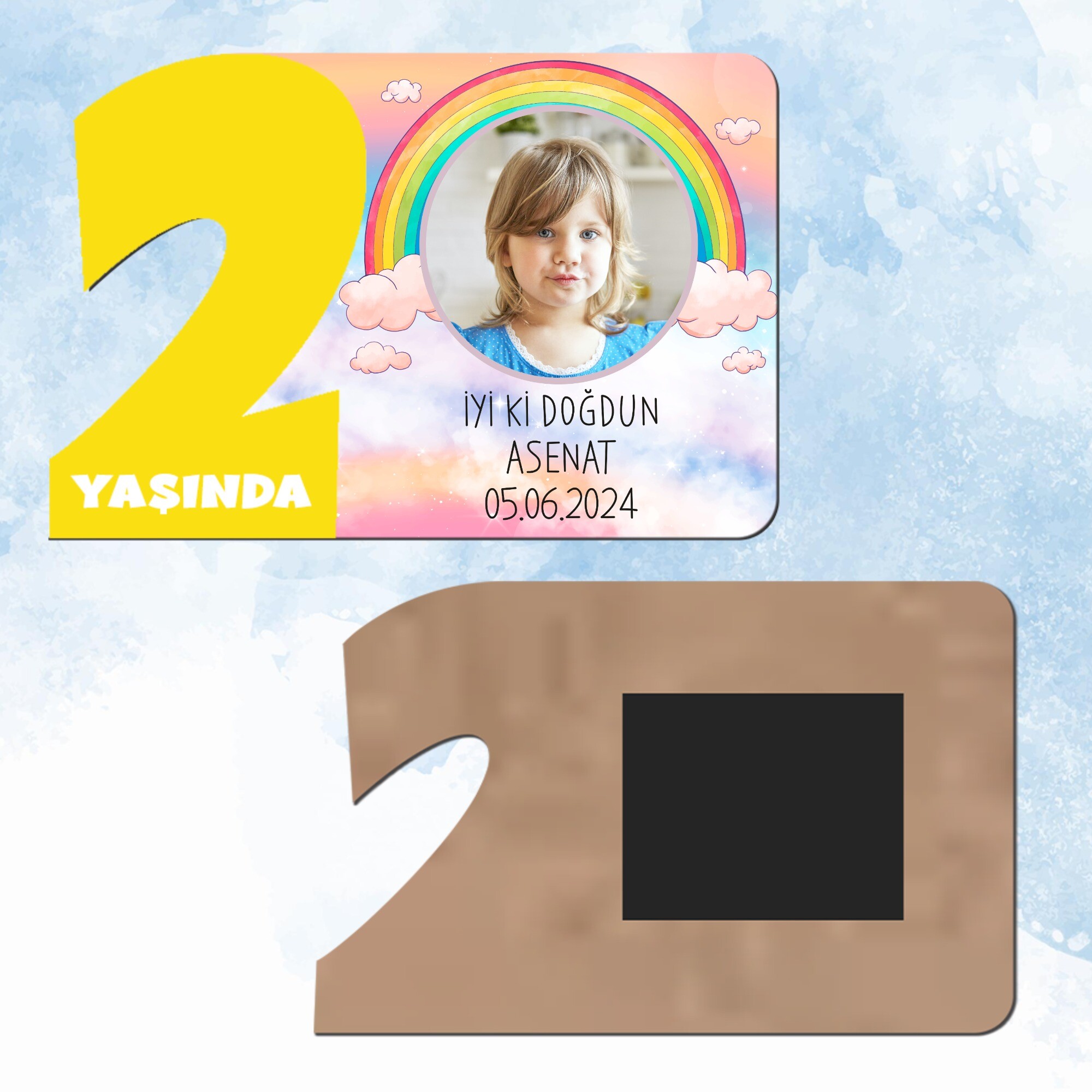 Gökkuşağı Temalı 2 Yaş Sarı Rakam Doğum Günü Magneti